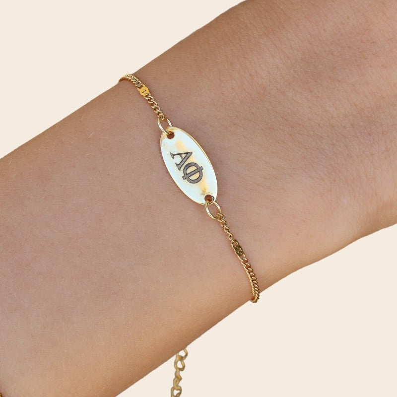 Alpha Phi Sorority Bracelet – Gold-Plated Satellite Chain Style, Modeled on Hand