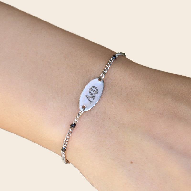 Alpha Phi Sorority Bracelet Silver Stainless Steel Chain Style Modeled on Hand