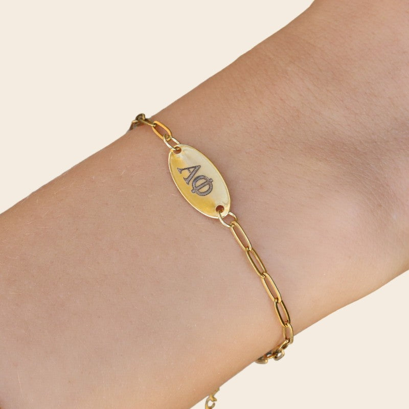 Alpha Phi Sorority Bracelet – Gold-Plated Paper Clip Style, Modeled on Hand