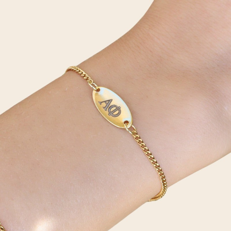 Alpha Phi Sorority Bracelet – Gold-Plated Cuban Chain Style, Modeled on Hand