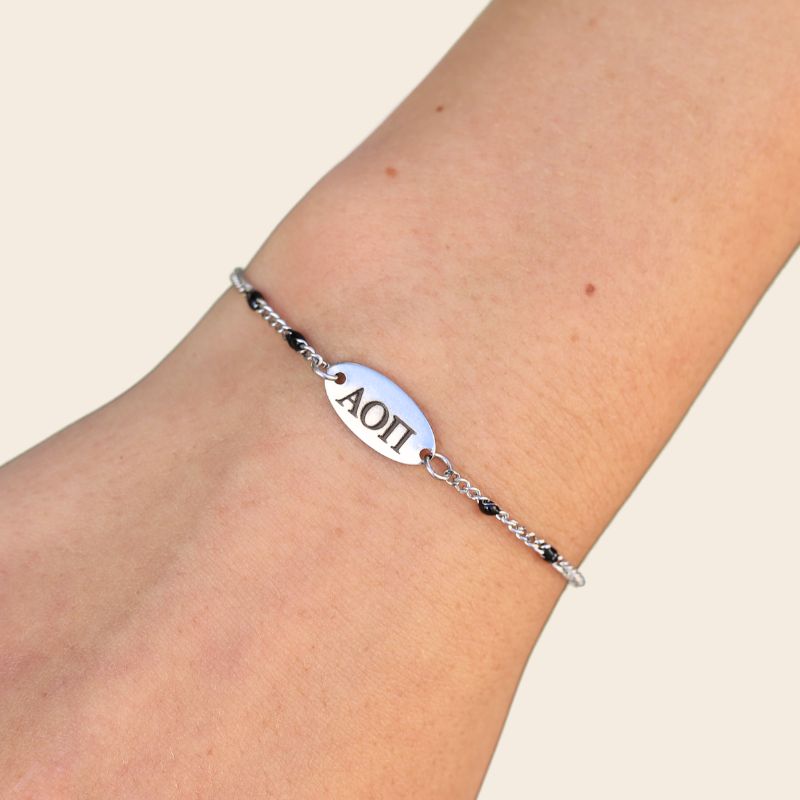 Alpha Omicron Pi Sorority Bracelet - Black Enamel Silver Chain Style