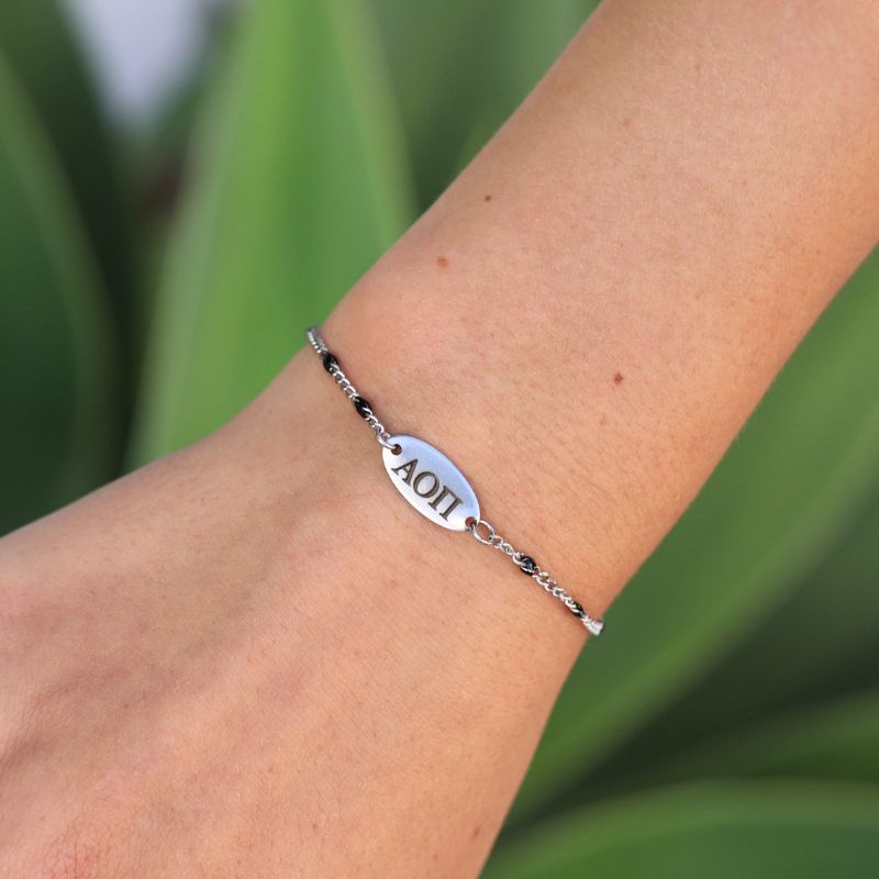 Alpha Omicron Pi Sorority Bracelet - Black Enamel Silver Chain Style
