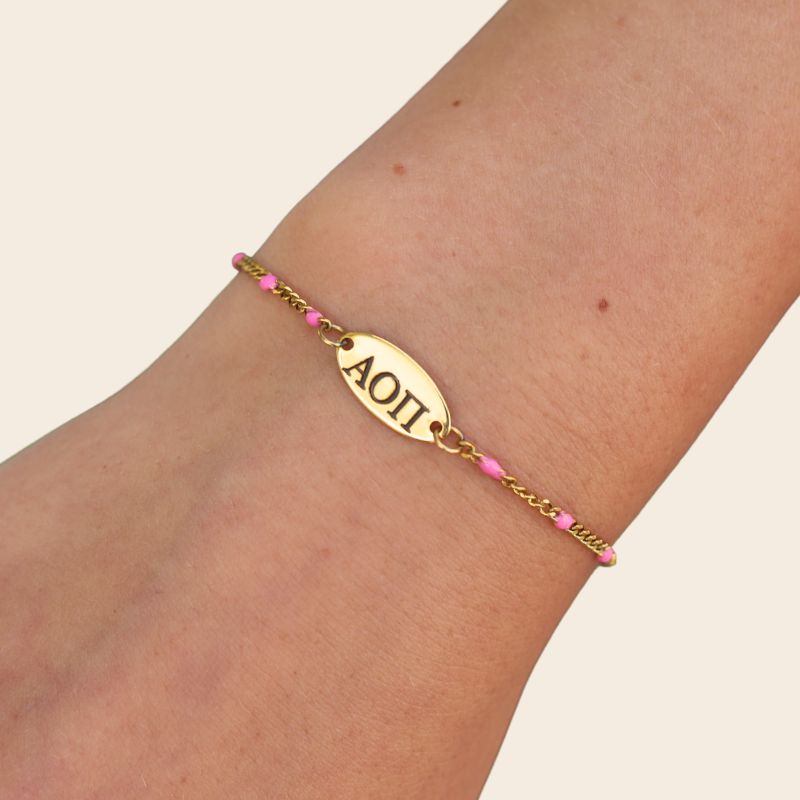 Alpha Omicron Pi Sorority Bracelet - Pink Enamel Chain Style