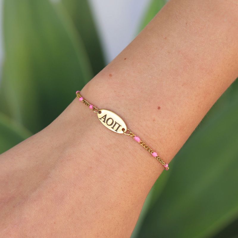Alpha Omicron Pi Sorority Bracelet - Pink Enamel Chain Style