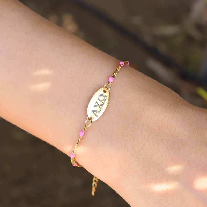 Alpha Chi Omega Sorority Bracelet - Pink Enamel Chain Style