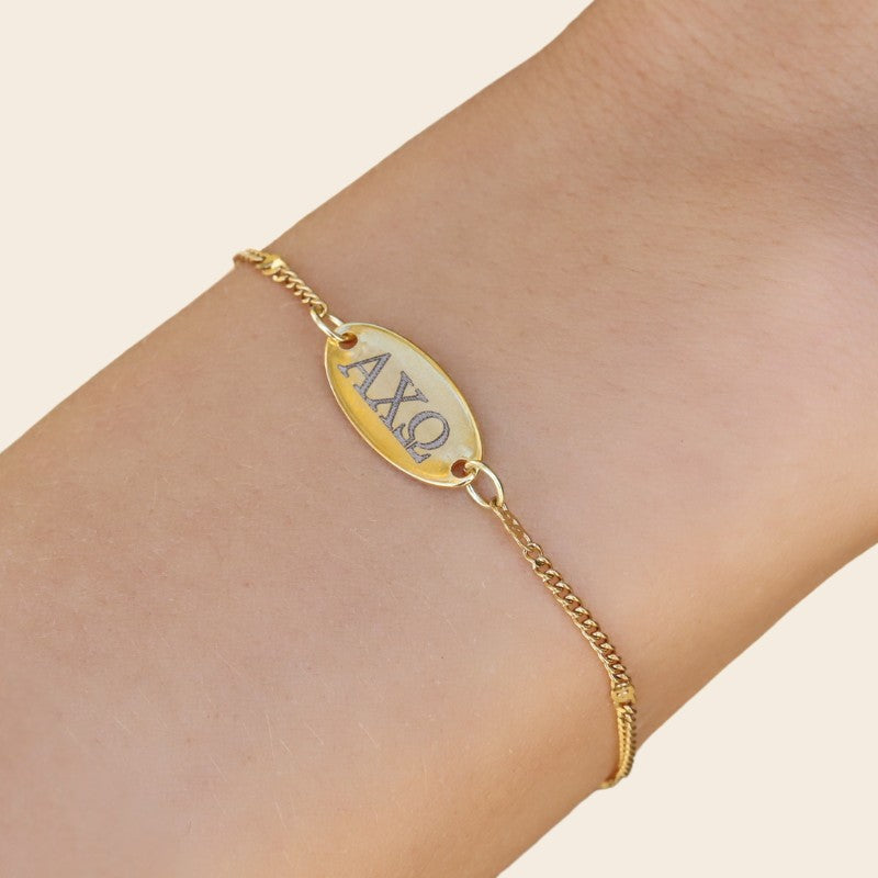 Alpha Chi Omega Sorority Bracelet – Gold-Plated Satellite Chain Style, Modeled on Hand