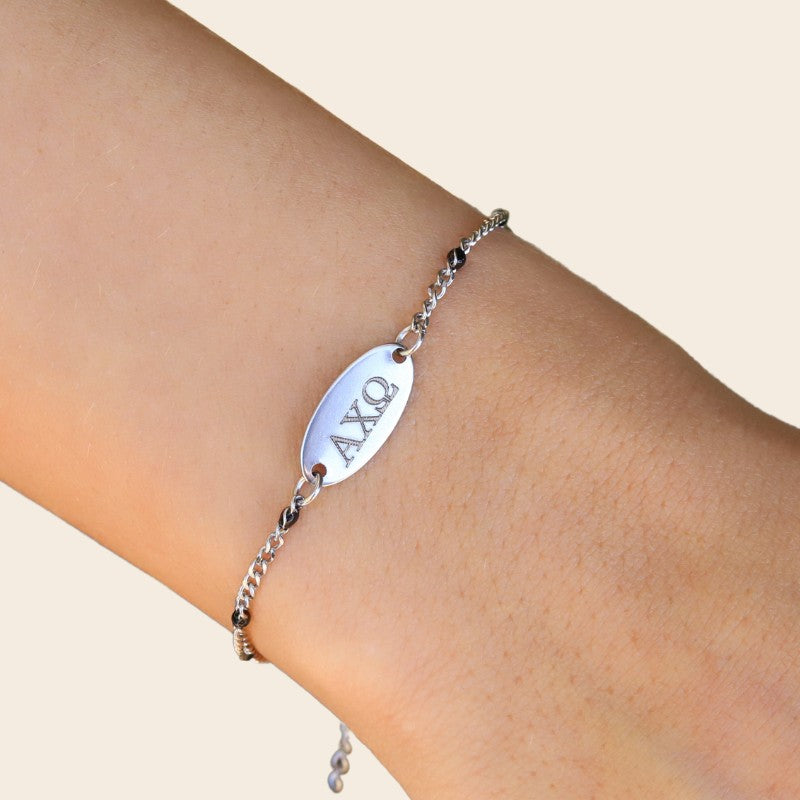 Alpha Chi Omega Sorority Bracelet – Silver Stainless Steel Chain Style, Modeled on Hand
