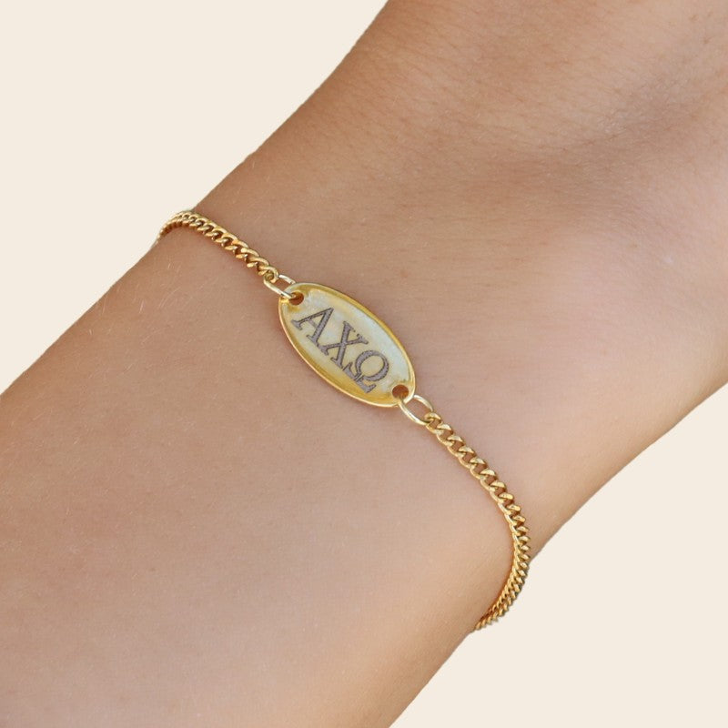 Alpha Chi Omega Sorority Bracelet – Gold-Plated Cuban Chain Style, Modeled on Hand