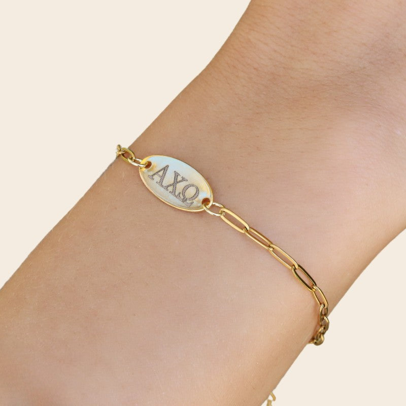 Alpha Chi Omega Sorority Bracelet – Gold-Plated Paper Clip Style, Modeled on Hand