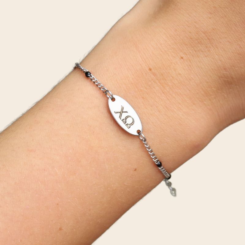 ChiOmegaSororityBracelet-BlackEnamelSilverChainStyle on hand