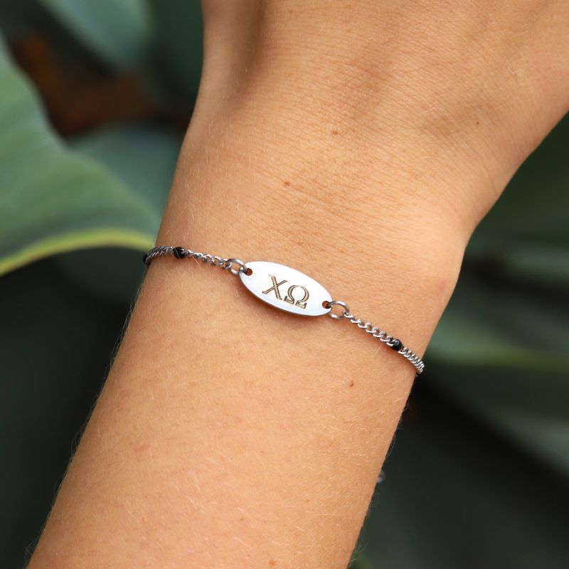 Chi Omega Sorority Bracelet - Black Enamel Silver Chain Style