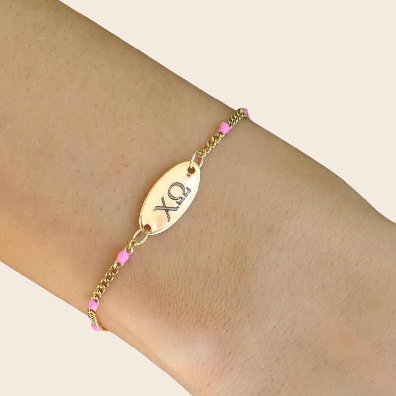 Chi Omega Sorority Bracelet - Pink Enamel Chain Style