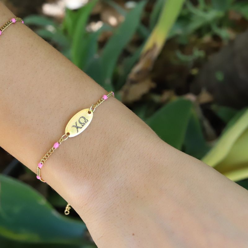 Chi Omega Sorority Bracelet - Pink Enamel Chain Style