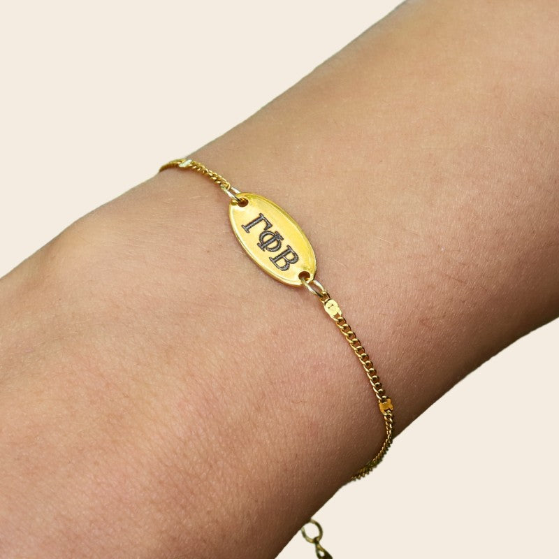 Gamma Phi Beta Sorority Bracelet – Gold-Plated Satellite Chain Style, Modeled on Hand