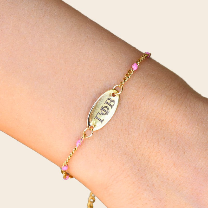 Gamma Phi Beta Sorority Bracelet – Pink Enamel Gold-Plated Chain Style, Modeled on Hand