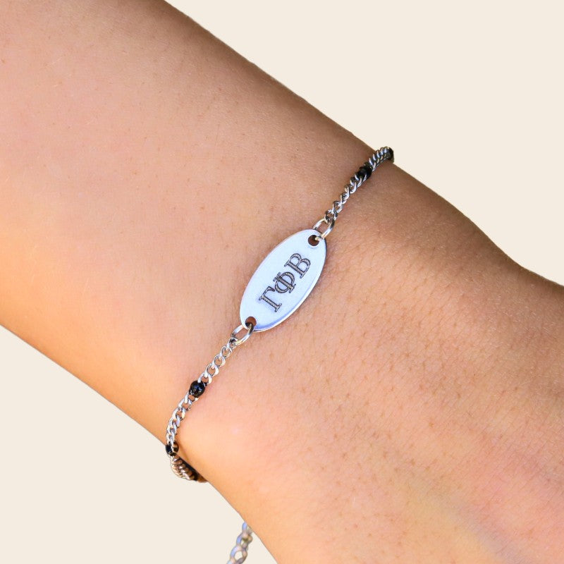 Gamma Phi Beta Sorority Bracelet – Silver Stainless Steel Chain Style, Modeled on Hand