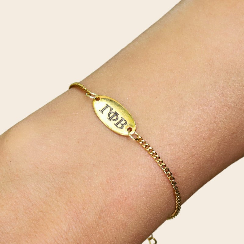 Gamma Phi Beta Sorority Bracelet – Gold-Plated Cuban Chain Style, Modeled on Hand