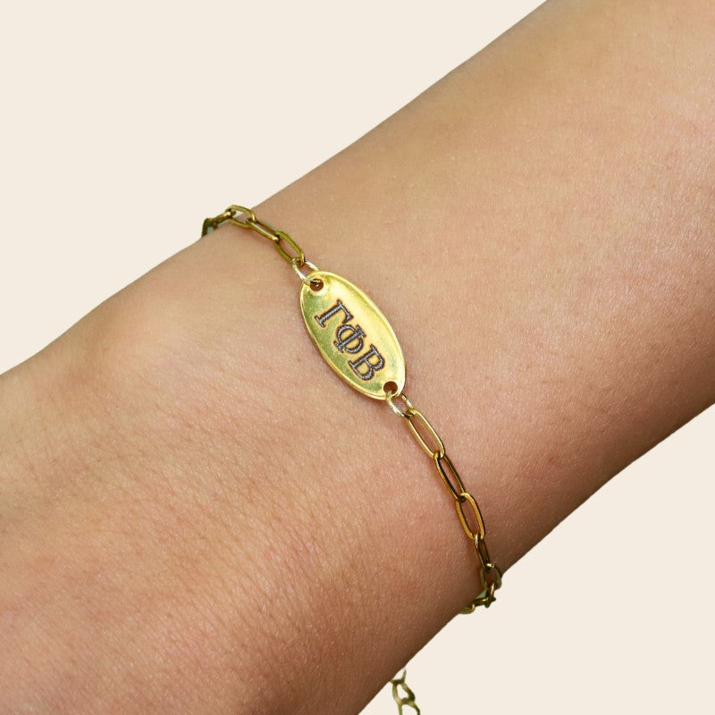 Gamma Phi Beta Sorority Bracelet – Gold-Plated Paper Clip Style, Modeled on Hand