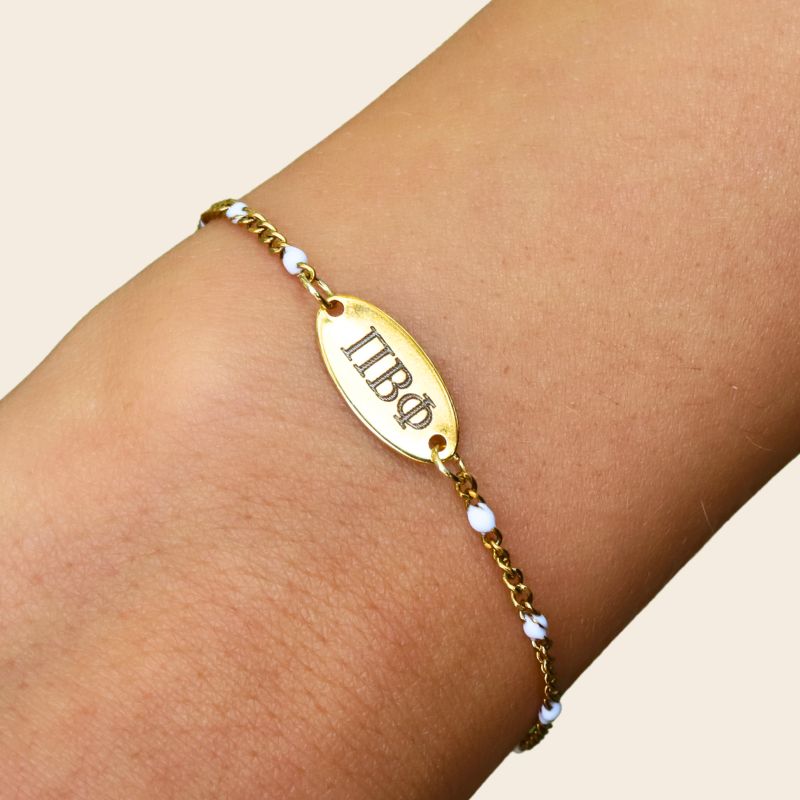 Pi Beta Phi Sorority Bracelet – White Enamel Gold-Plated Chain Style, Modeled on Hand