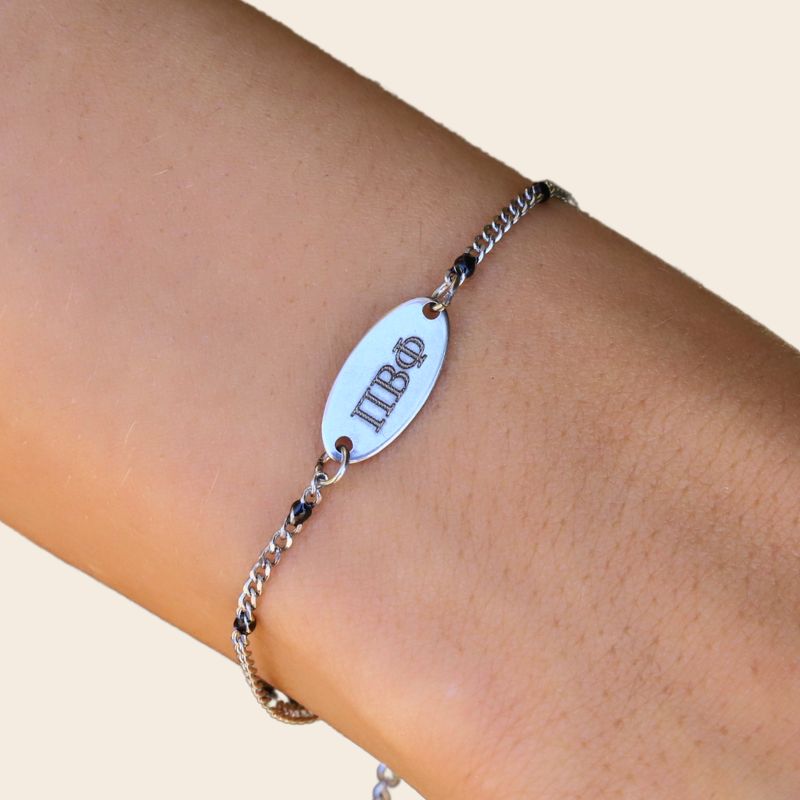 Pi Beta Phi Sorority Bracelet – Silver Stainless Steel Chain Style, Modeled on Hand