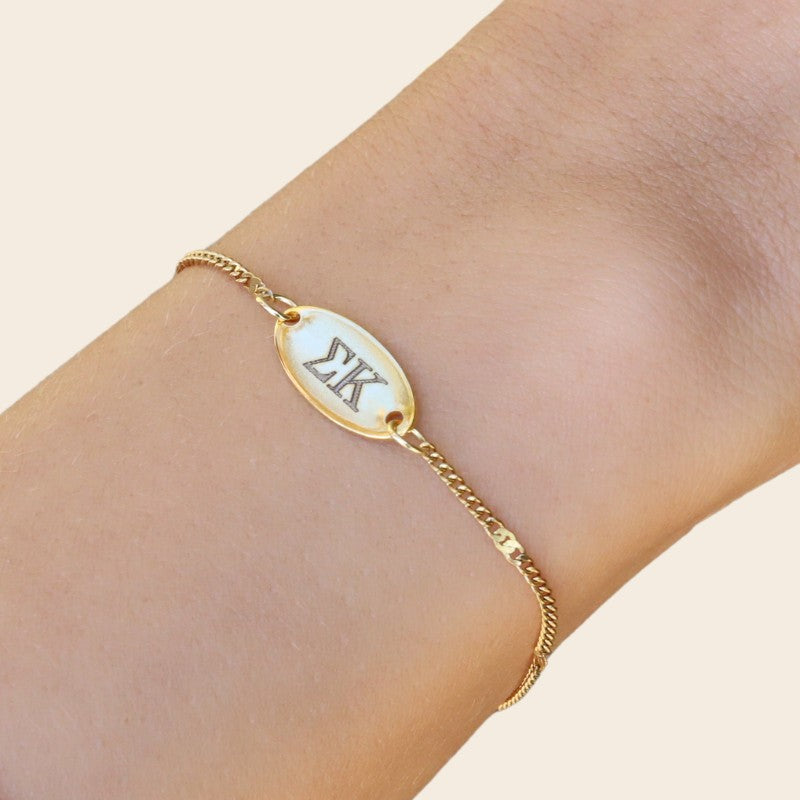 Sigma Kappa Sorority Bracelet – Gold-Plated Satellite Chain Style, Modeled on Hand