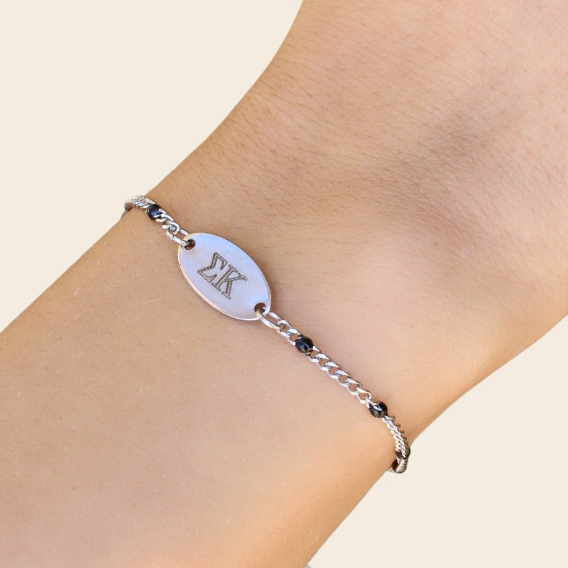 Sigma Kappa Sorority Bracelet – Silver Stainless Steel Chain Style, Modeled on Hand