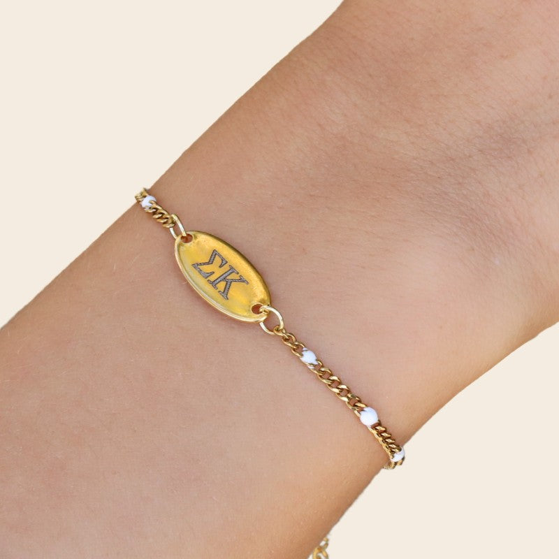 Sigma Kappa Sorority Bracelet – White Enamel Gold-Plated Chain Style, Modeled on Hand